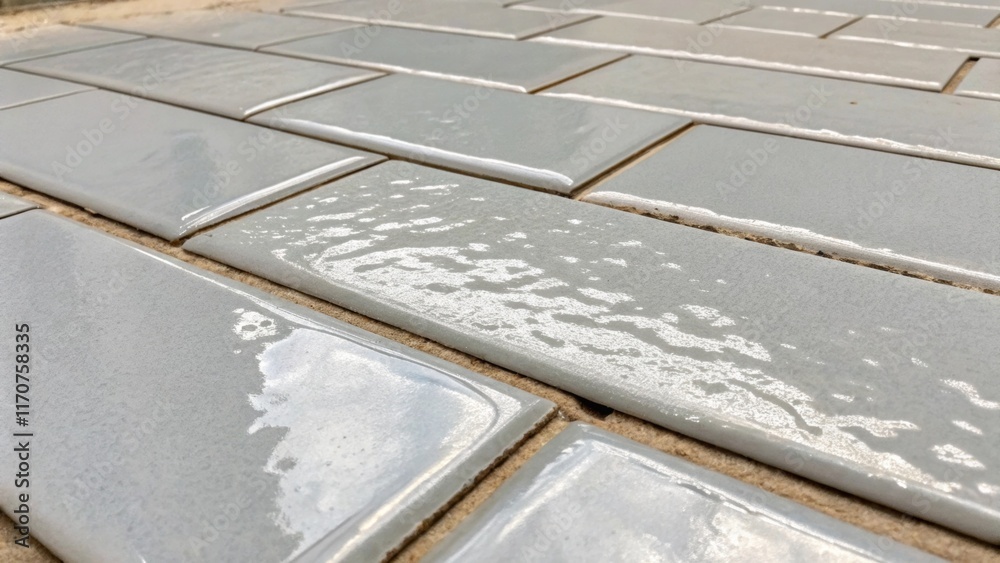 Poster Zooming in on a section of light gray grout being spread over the tile joints revealing the subtle variations in color and texture. The shiny liquid is oozing into the spaces