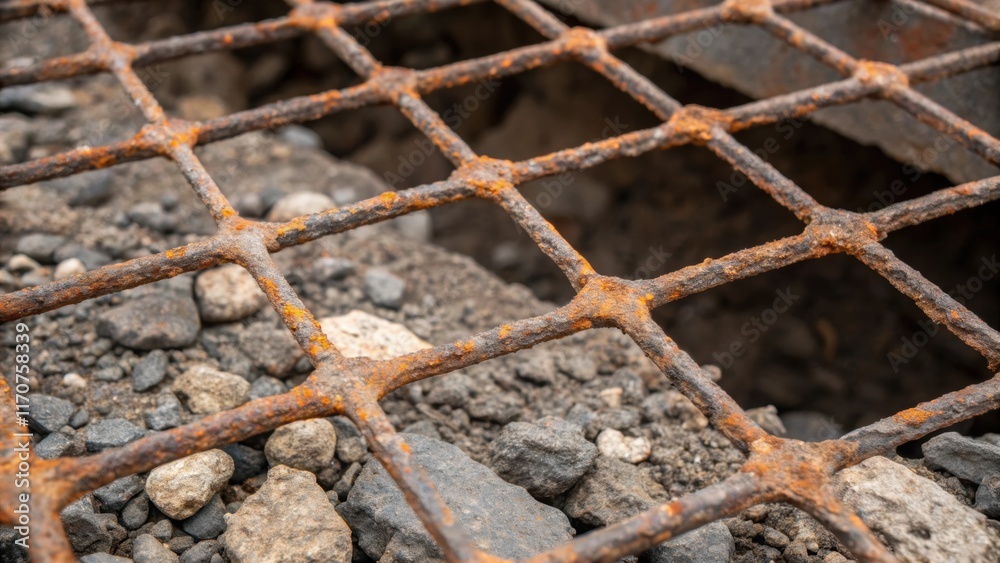 Poster Zooming in on the connections of the mesh one can see rust spots where corrosion has begun a reminder of the materials resilience despite exposure to the elements. The