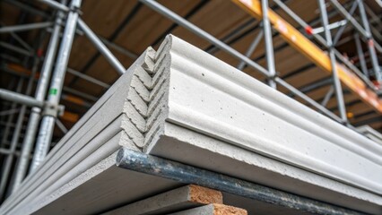 Obraz premium Up close the edges of the fiber cement panels appear crisp and sharp highlighting the precision in their manufacture. The scaffolding frame crafted from rough metal contrasts with