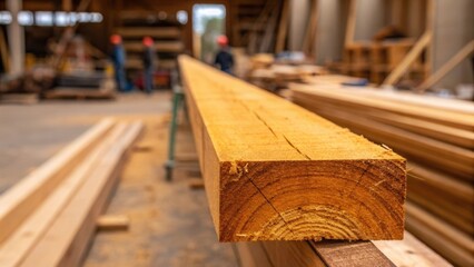 This image zeros in on the textured surface of a freshly timber beam highlighting its rich ochre hues and raw edges. In the background blurred lines of plywood sheets and tered