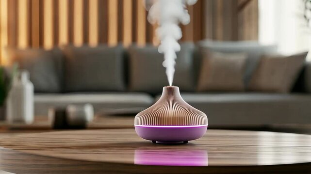 A stylish aromatherapy diffuser releases calming mist while enhancing the atmosphere of a contemporary living room