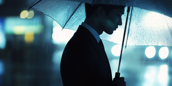 A man is walking in the rain with an umbrella