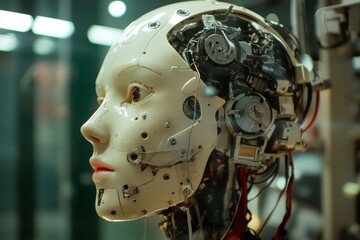 Robot head with wires and a red face