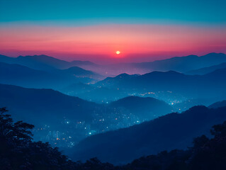 Fototapeta premium Vibrant sunset over a city nestled in a mountain range.