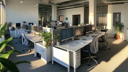 Modern office workspace, white interior, openspace office, grey chairs, monitors on white tables, green plants