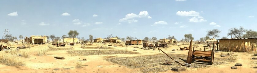 A desolate landscape with abandoned structures and sparse vegetation under a clear sky.