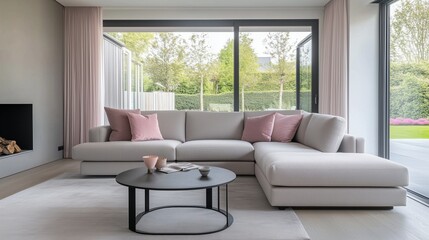 A modern living room featuring a light gray sectional sofa, pink throw pillows, and a sleek black coffee table. The room has large sliding doors leading to a terrace with a garden view.