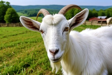Fototapeta premium there is a goat with horns standing in a field of grass