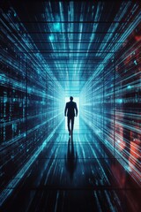 Data Connection Concept with Person Walking Through Digital Corridor of Light