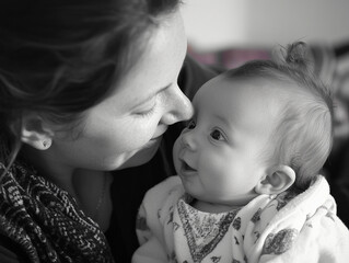 A mother and baby gently touching noses, a tender moment of affection.