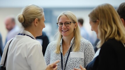 networking session at a medical conference, with attendees exchanging ideas and contact information in a casual setting