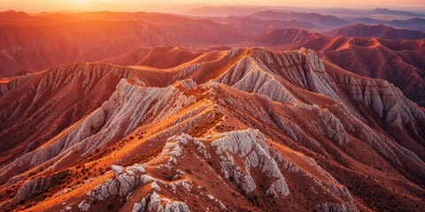 Aerial View of Rugged Mountain Terrain at Sunset