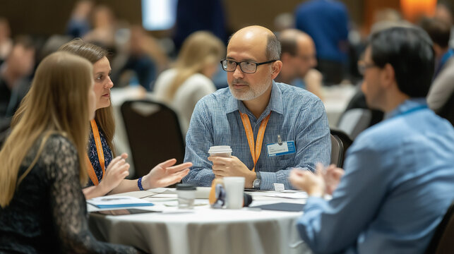 networking session at a medical conference, with attendees exchanging ideas and contact information in a casual setting