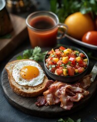 A hearty breakfast featuring a fried egg, bacon, fresh salsa, and coffee, exuding warmth and comfort.