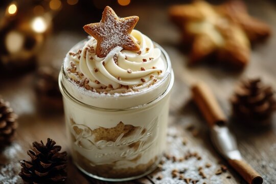 Delicious festive dessert with creamy frosting and a star-shaped cookie on top, perfect for the holidays.
