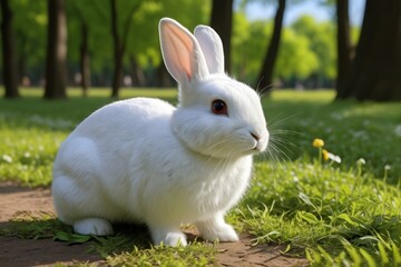 there is a white rabbit sitting in the grass in the park