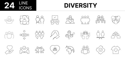 Collection of 24 diversity line icons featuring editable strokes. These outline icons depict various modes of diversity, oneness, variety, equality, inclusion, respect, tolerance, vector, acceptance, 