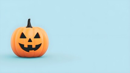 An unlit Halloween Jack O Lantern isolated on a widescreen pale blue background