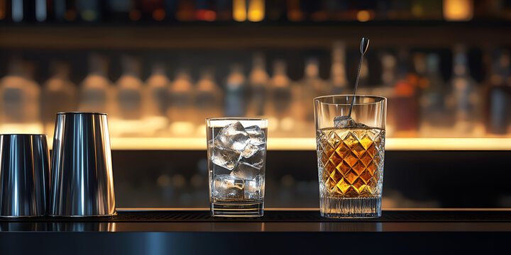 Modern Cocktail Setup with Shaker and Crystal Glasses on a Dark Table


