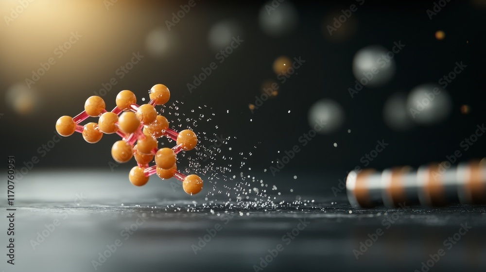 Poster abstract molecular model with colorful atoms and bokeh effect in dynamic 3d visualization