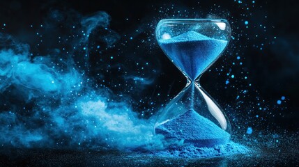 An hourglass filled with vibrant blue powder, with wisps of smoke swirling around it, creating a surreal and mystical atmosphere