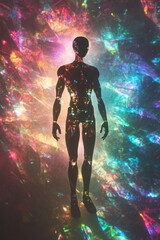 Obraz premium Man is standing in a colorful, glowing space