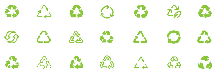 Recycle vector icon set. Arrows, heart and leaf recycle eco green symbol. Rounded angles. Recycled signs illustration isolated on white background. Recycling arrow ecofriendly. Vector Illustration. 