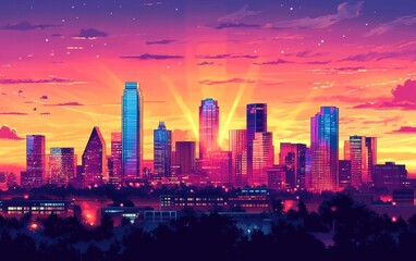 Obraz premium Vibrant Sunset over Austin, Texas Skyline Artistic Digital Painting of Cityscape at Dusk
