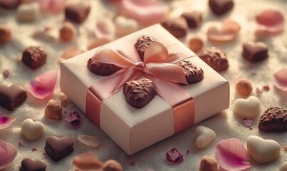 Gift box tied with a silk ribbon, surrounded by scattered petals and tiny chocolates in heart shapes.