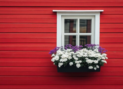 A window with a red wall and white trim - Powered by Adobe
