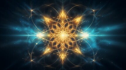esoteric representation of the World Grid.Abstract mandala with glowing petals and cosmic backdrop.abstract spirituality, golden geometry, energy flow, light patterns, meditation art.