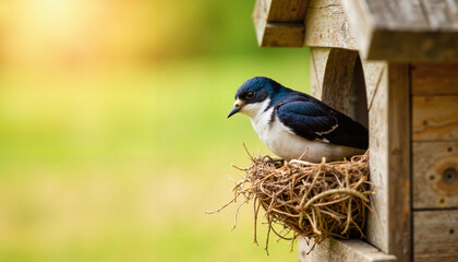 Bird sitting on nest in wooden birdhouse