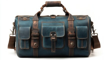 Stylish travel bag with rich blue and brown accents perfect for adventures or daily commutes. Generative AI