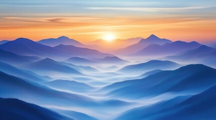 Fototapeta premium A stunning sunrise over the mountain peaks with mist gently rolling through the valleys and the first