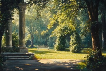 Serene Sunlit Garden Scene Impressionist Oil Painting of a Tranquil Park with Bench, Columns, and Lush Greenery