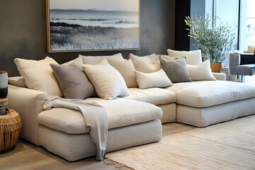 Beige Sectional Sofa with Coastal Artwork and Throw Blanket