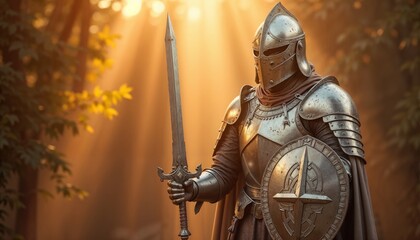 Knight in Full Armor Holding Sword and Shield in Forest.Medieval fantasy. Historic reenactment. Adventure novel illustrations.Courage. Honor. Strength.

