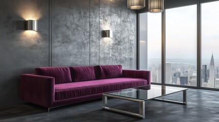 Obraz premium A modern living room with metallic gray walls, a magenta velvet sofa, and a sleek glass coffee table. The room has modern lighting fixtures and large windows with a city view.
