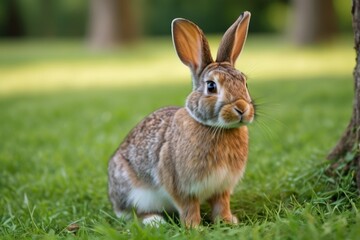 Fototapeta premium there is a rabbit that is sitting in the grass by a tree