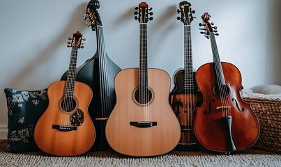 Fototapeta premium A collection of string instruments arranged aesthetically in a cozy setting.