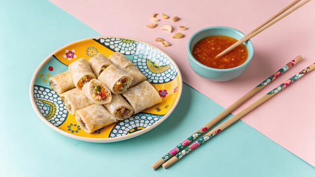 Playful Popiah Arrangement with Dipping Sauce on Colorful Plate
