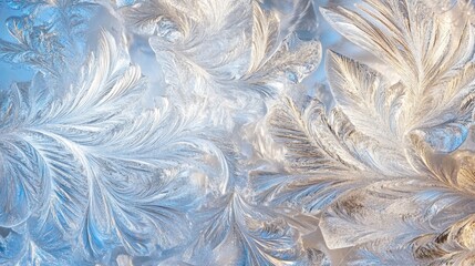 Fototapeta premium Stunning Blue and Gold Frost Patterns on Winter Window Pane Abstract Ice Crystal Texture Background