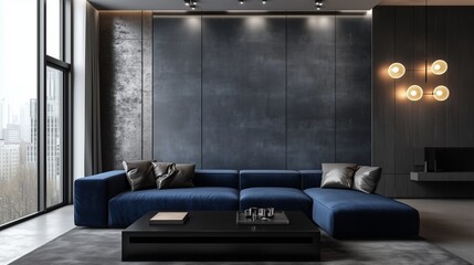 A modern living room with metallic gray walls, an indigo blue sofa, and a sleek black coffee table. The room has modern lighting fixtures and large windows with a city view.