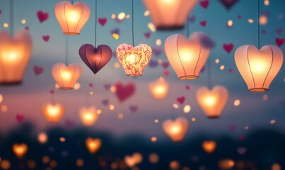 Paper lanterns decorated with hearts, floating in the air over a transparent background.