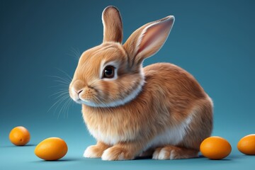 there is a rabbit sitting next to oranges on a blue surface