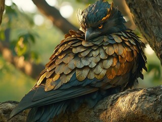 Fototapeta premium A majestic bird with iridescent feathers perched on a tree branch in a natural setting.