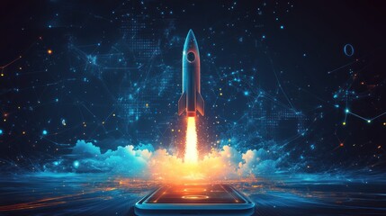 A conceptual illustration of a rocket launching from the screen of a smartphone, symbolizing the rapid growth and expansion of social media, digital marketing, and online business
