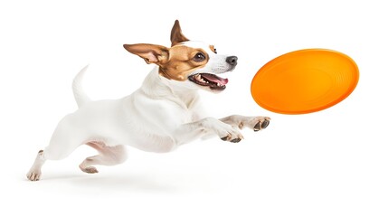 A dog joyfully leaps to catch a flying orange frisbee in mid-air.