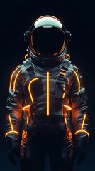 Naklejka premium Futuristic Astronaut in Neon-Lit Suit Standing Against Dark Background
