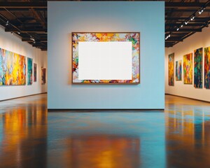 Blank Canvas in Modern Art Gallery Mockup of Empty Artwork Frame Surrounded by Abstract Paintings